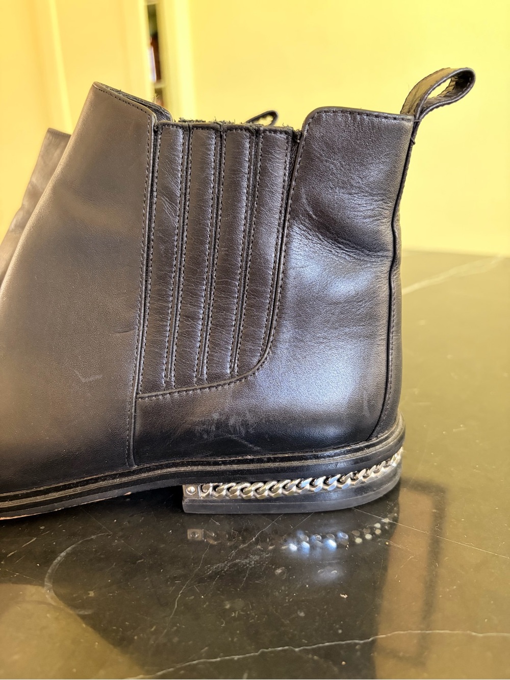 Michael Kors Sabrina Black Leather Chelsea Ankle Booties with Silver Chain Trim